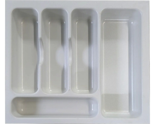 Range-couverts blanc en plastique avec cinq compartiments pour tiroirs.