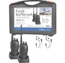 Mallette de talkies-walkies Midland G10 avec deux talkies-walkies, deux socles de charge, deux oreillettes et une mallette de transport.