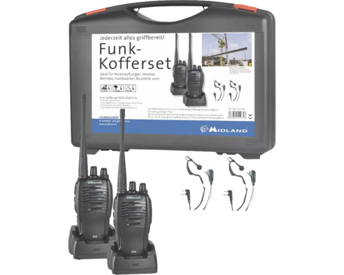 Mallette de talkies-walkies Midland G10 avec deux talkies-walkies, deux socles de charge, deux oreillettes et une mallette de transport.