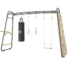 Station de fitness d'extérieur EXIT Toys GetSet avec sac de frappe, anneaux de gymnastique, balançoire, mur d'escalade et barres de singe en métal.