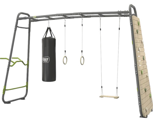 Station de fitness d'extérieur EXIT Toys GetSet avec sac de frappe, anneaux de gymnastique, balançoire, mur d'escalade et barres de singe en métal.