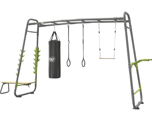 EXIT Toys GetSet Outdoor-Fitnessstation mit Hangelleiter, Boxsack, Turnringen, Trapez und Hantelbank.