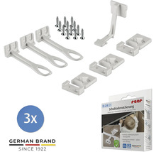 Dreiteiliges weißes Schubladensicherung Set von reer aus Kunststoff inklusive Montageschrauben zur Sicherung von Schubladen und Schränken.