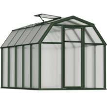 Gewächshaus mit dunkelgrünem Aluminiumrahmen, Hohlkammerplatten aus Polycarbonat und einem geöffneten Dachfenster.