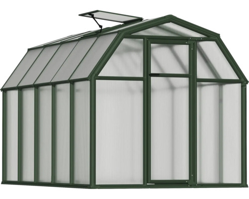 Gewächshaus mit dunkelgrünem Aluminiumrahmen, Hohlkammerplatten aus Polycarbonat und einem geöffneten Dachfenster.