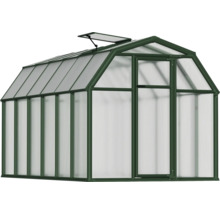 Gewächshaus mit grünem Aluminiumrahmen, Hohlkammerplatten aus Polycarbonat, einem Dachfenster und einer Tür.