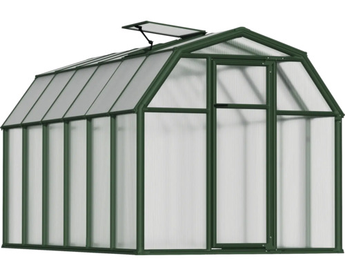 Gewächshaus mit grünem Aluminiumrahmen, Hohlkammerplatten aus Polycarbonat, einem Dachfenster und einer Tür.