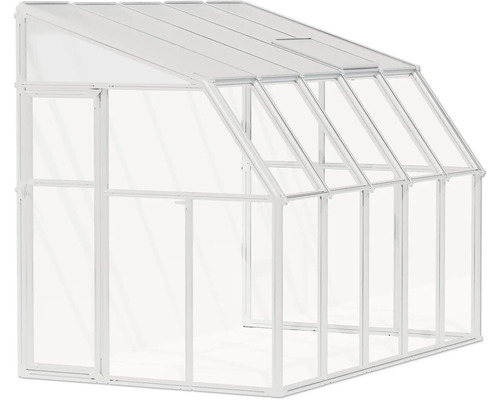 Anlehngewächshaus mit weißem Aluminiumrahmen, transparenten Scheiben und einem Dachfenster.