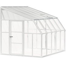 Anlehn-Gewächshaus aus Aluminium mit transparenten Hohlkammerplatten, Pultdach, einer Tür und einem Dachfenster.