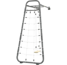 Structure d escalade pour enfants avec cadre en métal gris, filet de grimpe blanc et petite balançoire en bois pour montage mural.