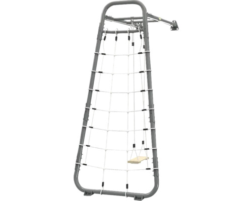 Structure d escalade pour enfants avec cadre en métal gris, filet de grimpe blanc et petite balançoire en bois pour montage mural.
