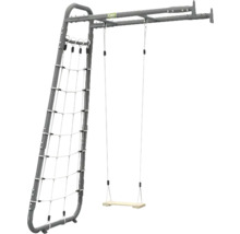 Portique d escalade EXIT Toys en métal avec filet à grimper et balançoire avec siège en bois.