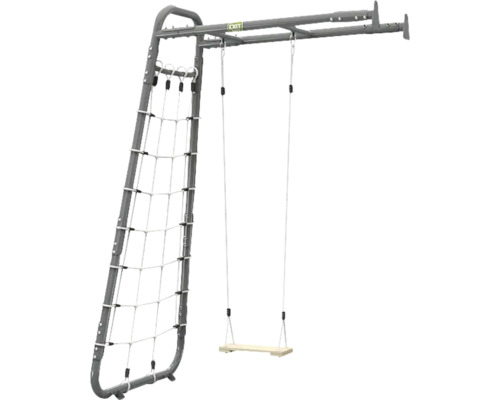 Portique d escalade EXIT Toys en métal avec filet à grimper et balançoire avec siège en bois.