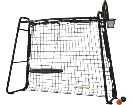 Portique de jeu multifonction EXIT Toys pour jardin avec cadre d escalade, balançoire nid, balançoire en bois et panier de basket.