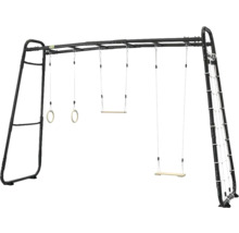 Portique d escalade EXIT noir avec barre de singe, deux balançoires avec sièges en bois, anneaux de gymnastique et filet de grimpe.