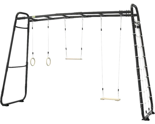 Portique d escalade EXIT noir avec barre de singe, deux balançoires avec sièges en bois, anneaux de gymnastique et filet de grimpe.