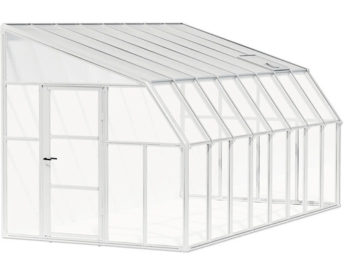 Anlehngewächshaus mit weißem Aluminiumrahmen, Glastür und Dachfenster zur Belüftung.