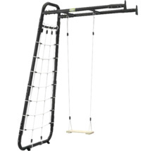 Filet à grimper et balançoire EXIT avec structure en métal noir et siège en bois.
