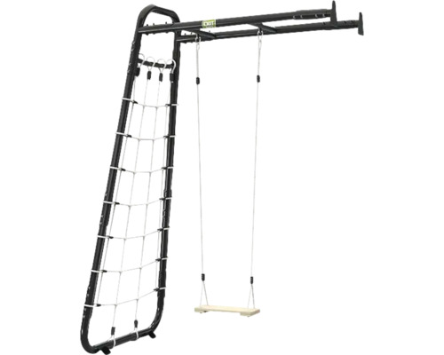 Filet à grimper et balançoire EXIT avec structure en métal noir et siège en bois.