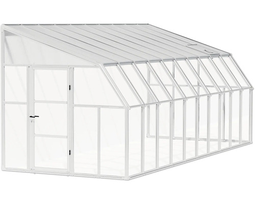 Weißes Anlehn-Gewächshaus mit Aluminiumrahmen, transparenten Scheiben, einer Tür und einem Dachfenster.