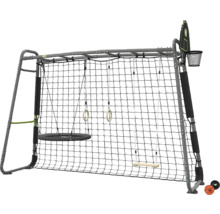 Grand portique de jeu extérieur en métal avec balançoire nid, anneaux de gymnastique, balançoire en bois, filet de grimpe et panier de basket.
