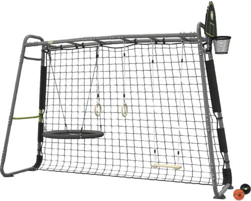 Grand portique de jeu extérieur en métal avec balançoire nid, anneaux de gymnastique, balançoire en bois, filet de grimpe et panier de basket.