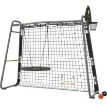 Portique de jeux EXIT Toys avec balançoire nid, balançoire en bois, filet de football et panier de basket, cadre en métal gris.