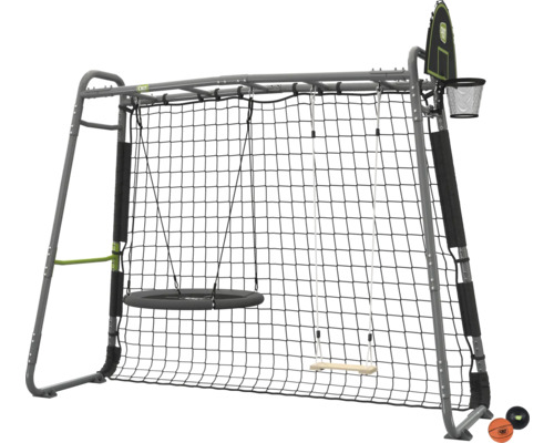 Portique de jeux EXIT Toys avec balançoire nid, balançoire en bois, filet de football et panier de basket, cadre en métal gris.