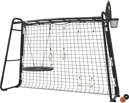 Portique de jeux EXIT Toys avec cage de foot, balançoire nid, anneaux de gymnastique, balançoire classique et panier de basket en métal.