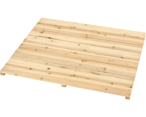 Holzpodest aus parallelen Holzlatten für Garten und Lager.