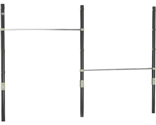 Barre de gymnastique double en métal avec trois poteaux noirs et deux barres transversales argentées à différentes hauteurs, EXIT Toys Logo.