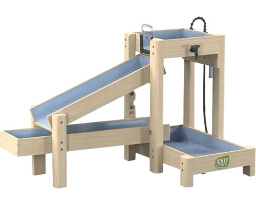 Wasserbahn aus Holz für Kinder mit mehreren Ebenen, blauen Kunststoffbecken, Wasserhahn und EXIT TOYS Logo.