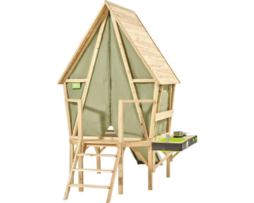 EXIT Toys Stelzenhaus aus Holz mit Zeltwänden aus Stoff, Leiter und angebauter Spielküche.