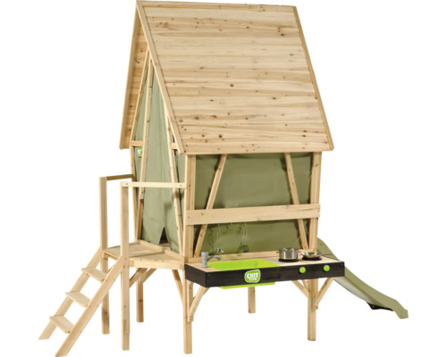 Spielhaus aus Holz auf Stelzen mit Leiter, Rutsche und Spielküche sowie EXIT Toys Logo.