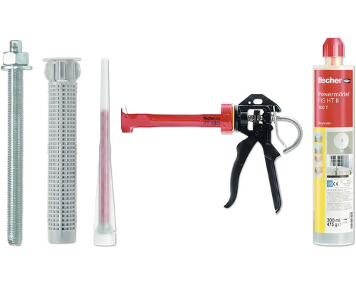Jeu de fixation pour charges lourdes Fischer Powerfix M8 Kit mortier de scellement fischer FIS HT II 300 T comprenant pistolet, buse mélangeuse, tige d'ancrage et tamis d'ancrage.