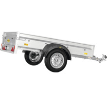 Remorque tandem Humbaur avec ridelles en aluminium et hayon rabattable.