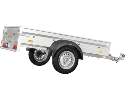 Remorque tandem Humbaur avec ridelles en aluminium et hayon rabattable.