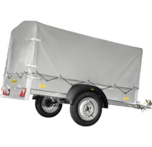 Remorque Humbaur à un essieu avec bâche haute grise, châssis métallique et garde-boue noirs.