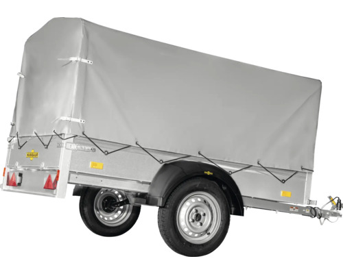 Remorque Humbaur à un essieu avec bâche haute grise, châssis métallique et garde-boue noirs.