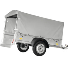 Remorque à un essieu avec bâche haute grise et ridelles en aluminium.