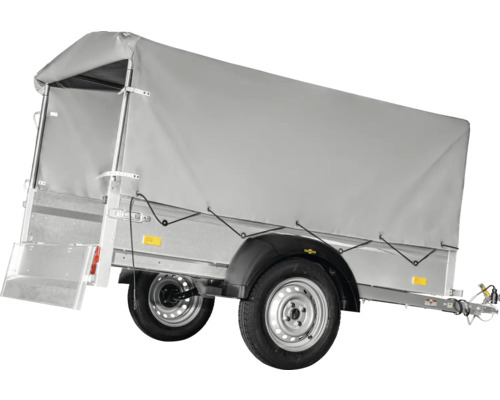 Remorque à un essieu avec bâche haute grise et ridelles en aluminium.