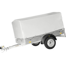 Remorque pour voiture avec bâche haute grise et armature pour le transport protégé de marchandises.