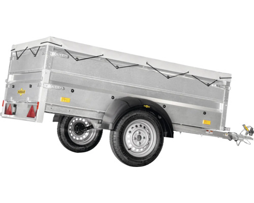 Remorque Humbaur avec bâche plate, ridelles en aluminium et châssis à un essieu.