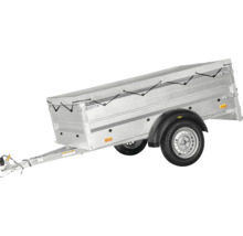 Remorque pour voiture en acier galvanisé avec bâche plate, deux roues et attelage.