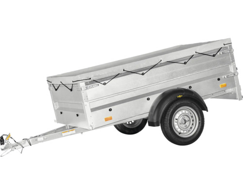 Remorque pour voiture en acier galvanisé avec bâche plate, deux roues et attelage.