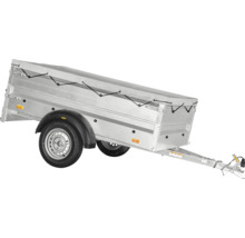 Remorque pour voiture à un essieu en métal avec bâche plate grise et sandow de bâche noir.