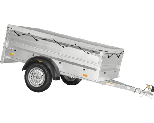 Remorque pour voiture à un essieu en métal avec bâche plate grise et sandow de bâche noir.