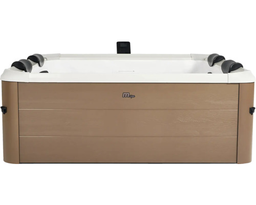 Spa rectangulaire de MSpa avec habillage extérieur marron aspect bois et appuie-tête noirs.