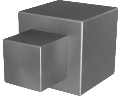Moderner Möbelknopf oder Wandhaken in Würfelform aus Edelstahl mit gebürsteter Oberfläche.