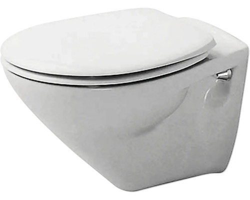 Cuvette de WC suspendue en céramique avec abattant fermé.